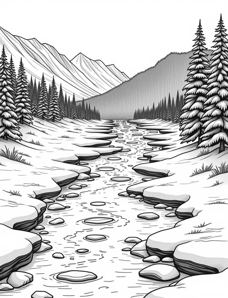  this is for an adult coloring page. a detailed black and white line art of a snowy winter scene of a frozen river winding through a snow covered valley on a solid white background.