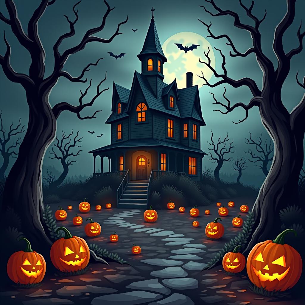  create a seamless digital painting of a spooky, halloween themed scene featuring a haunted house with gothic architecture. the house should be surrounded by twisted, gnarled trees and a multitude of jack o' lanterns. the scene should include a dark, cloudy sky to enhance the eerie atmosphere. the overall style should be detailed and atmospheric, capturing the essence of a haunted, creepy environment perfect for halloween, ensuring the design is seamless for use in repeating patterns or wraps.