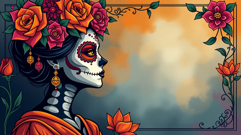  design banner for the day of the dead with mexican painted woman face for websites or social media, background cards invitation wallpaper sticker decoration free space for text