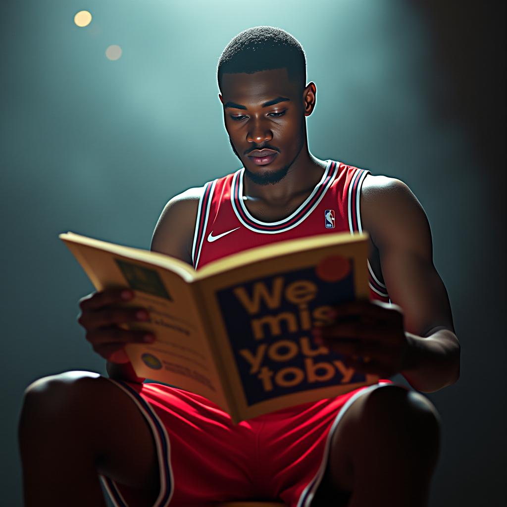  a basketball player reading a magazine, where the magazine has 'we miss you toby' hyperrealistic, full body, detailed clothing, highly detailed, cinematic lighting, stunningly beautiful, intricate, sharp focus, f/1. 8, 85mm, (centered image composition), (professionally color graded), ((bright soft diffused light)), volumetric fog, trending on instagram, trending on tumblr, HDR 4K, 8K