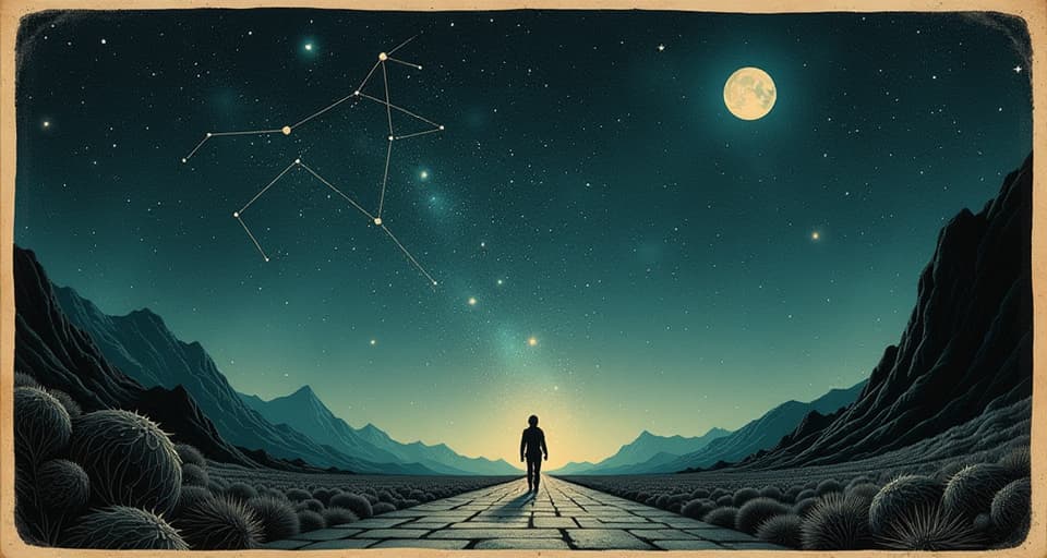  a starry night sky with constellations forming a pathway, one figure walking alone towards the horizon, leaving a group behind, luminous stars, sense of destined journey, serene yet determined. an illustration in the style of a worn, mystical old tarot trump card, mysterious and elements of surrealism. the colors are muted, somber and eerie, but with contrast bring out an occult and esoteric vibe.