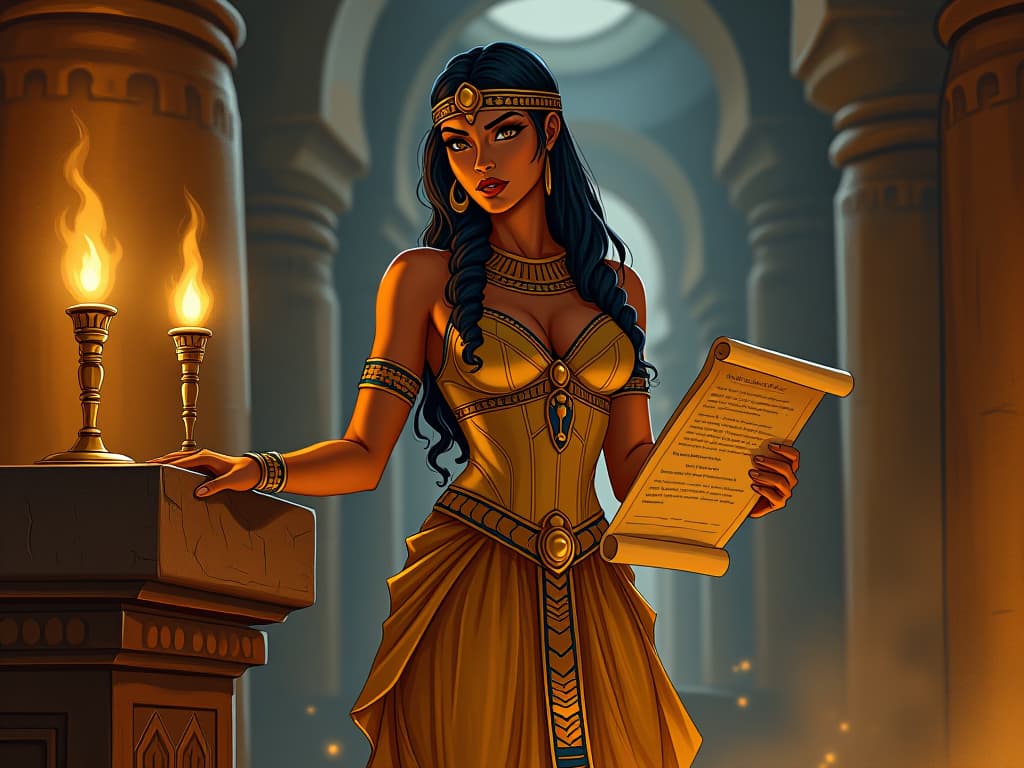  a female egyptian priestess, large busted in a tight, golden gown, standing next to an ancient altar, her hand on a scroll, sharing ancient wisdom under the light of glowing torches, symbolizing offering wisdom. the style is digital art illustration / modern comic book / mysterious occult, symbolic, esoteric vibe,high detail on character design, incorporating ancient egyptian symbology and attire.