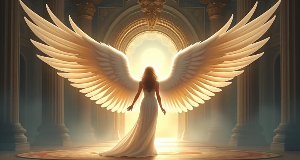  a winged guardian angel, ethereal and majestic, stands outside the ornate entrance of a celestial gathering. the atmosphere lifts immediately, exhaling a sense of divine relief.. the style is digital art illustration,highly detailed, whimsical,magical, dreamlike atmosphere, realism and fantasy blend, smooth, glossy textures,luminous quality, wonder and enchantment.