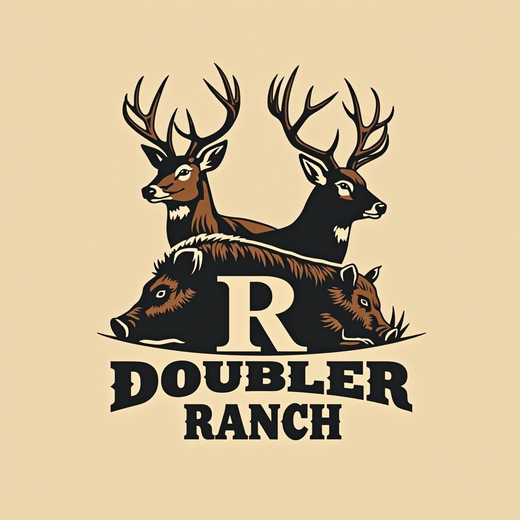  design a logo, sleek logo design which incorporates a deer , a turkey and a wild hog, with 2 letter r’s facing back to back in the forefront. the text title is “double r ranch”