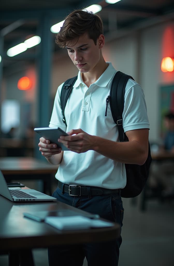  un estudiante de secundaria con t shir polo blanco pantalon negro que este haciendo una actividad de tecnologia hyperrealistic, full body, detailed clothing, highly detailed, cinematic lighting, stunningly beautiful, intricate, sharp focus, f/1. 8, 85mm, (centered image composition), (professionally color graded), ((bright soft diffused light)), volumetric fog, trending on instagram, trending on tumblr, HDR 4K, 8K