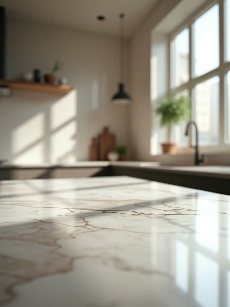  high quality portrait photo of a close up shot of a modern kitchen with a stunning marble countertop, soft natural light streaming through a window, highlighting the veins in the stone hyperrealistic, full body, detailed clothing, highly detailed, cinematic lighting, stunningly beautiful, intricate, sharp focus, f/1. 8, 85mm, (centered image composition), (professionally color graded), ((bright soft diffused light)), volumetric fog, trending on instagram, trending on tumblr, HDR 4K, 8K