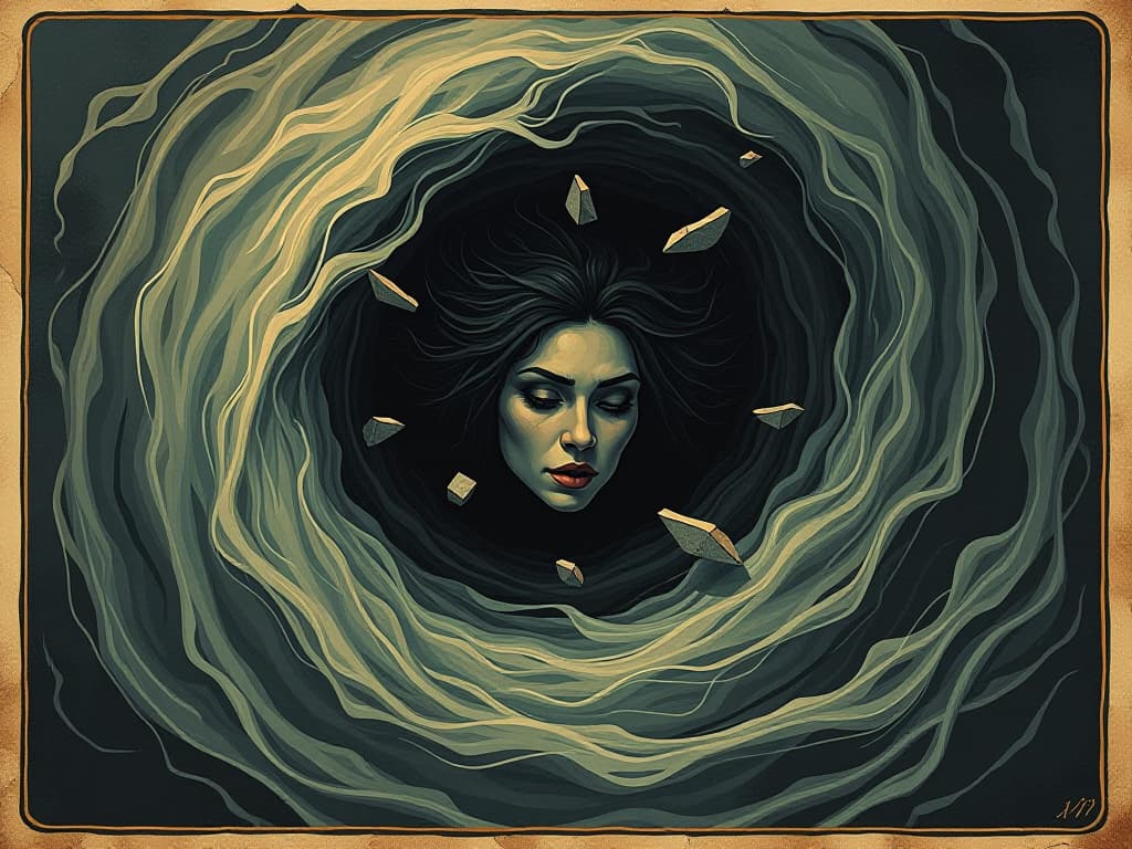  a swirling vortex of dark energy, fragments of a broken soul being drawn into it, destructive, chaotic, powerful metaphor. an illustration in the style of a worn, mystical old tarot trump card, mysterious and elements of surrealism. the colors are muted, somber and eerie, but with contrast bring out an occult and esoteric vibe.