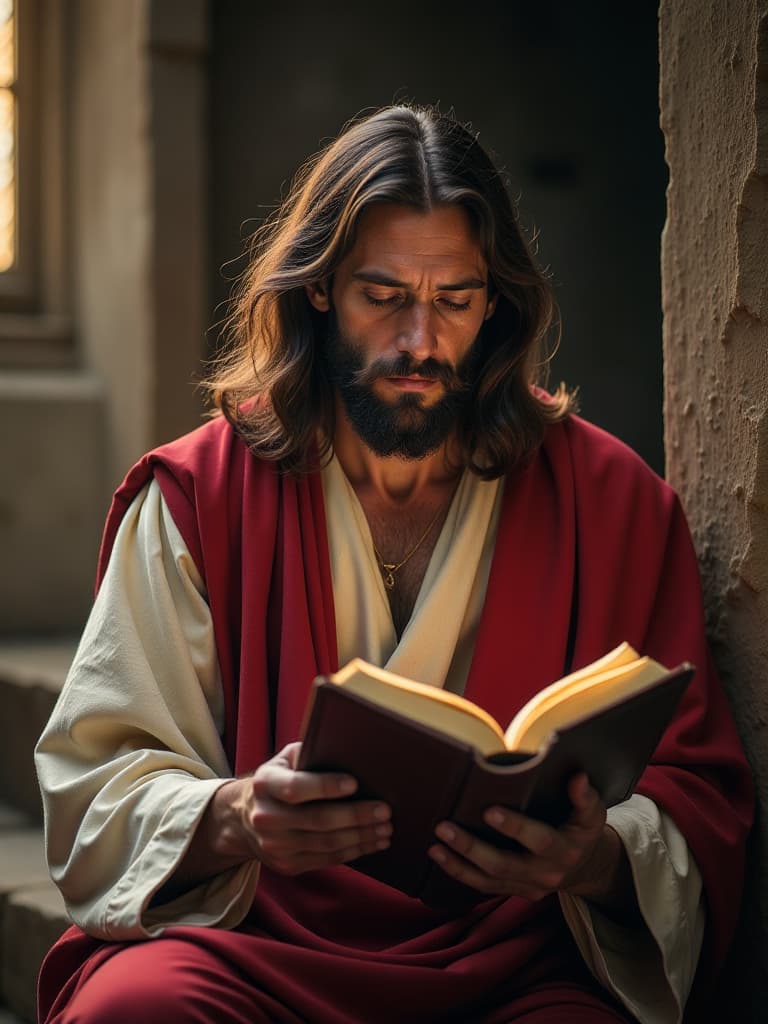  jesus reading bible, poor people's crying and watching, realistic, old time ad 30 timezone, portrait, outdoor, old church background hyperrealistic, full body, detailed clothing, highly detailed, cinematic lighting, stunningly beautiful, intricate, sharp focus, f/1. 8, 85mm, (centered image composition), (professionally color graded), ((bright soft diffused light)), volumetric fog, trending on instagram, trending on tumblr, HDR 4K, 8K