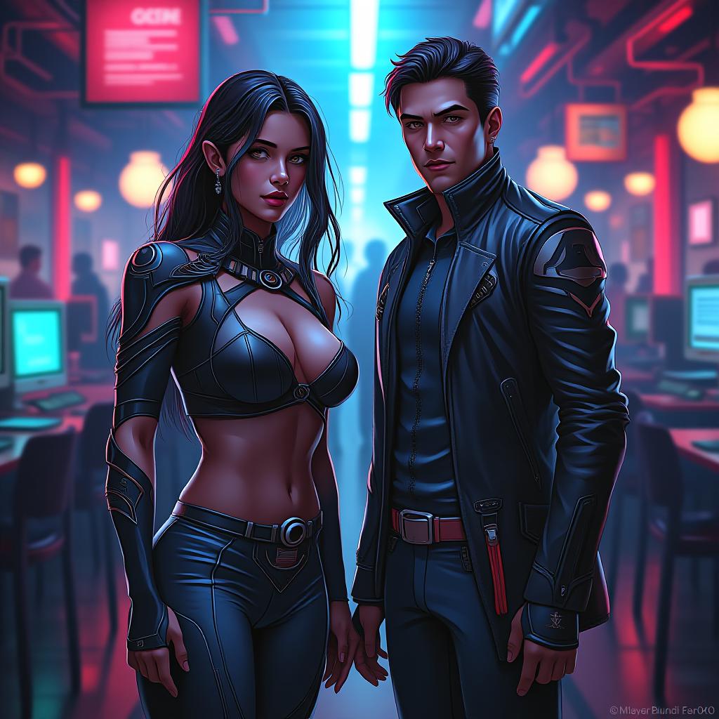  portrait, facing camera, two people, cyberpunk woman and man, large busted and in form fitting attire, absorbing the energy of the cyber cafe. the style is digital art illustration / modern comic book / mysterious occult, symbolic, esoteric vibe,high detail on character design, incorporating futuristic western attire. hyperrealistic, full body, detailed clothing, highly detailed, cinematic lighting, stunningly beautiful, intricate, sharp focus, f/1. 8, 85mm, (centered image composition), (professionally color graded), ((bright soft diffused light)), volumetric fog, trending on instagram, trending on tumblr, HDR 4K, 8K