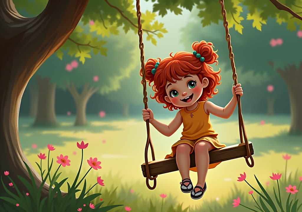  good quality, high quality, a young with curly red hair, freckles, and a smile, sitting on a tree swing in a fashioned garden. soft pastel colors dominate the scene, with the swinging beneath the shade of large oak trees. impressionist painting style with loose brush strokes and dreamy lighting.