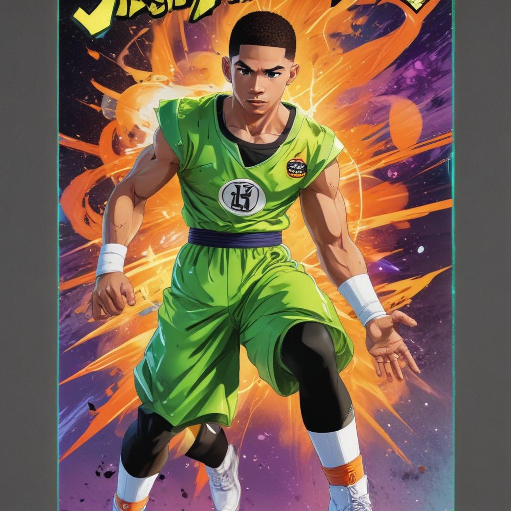 distance-shot, flashy, full-body, dynamic, holographic, animated cartoon poster of jayson tatum in the style of dragon ball super