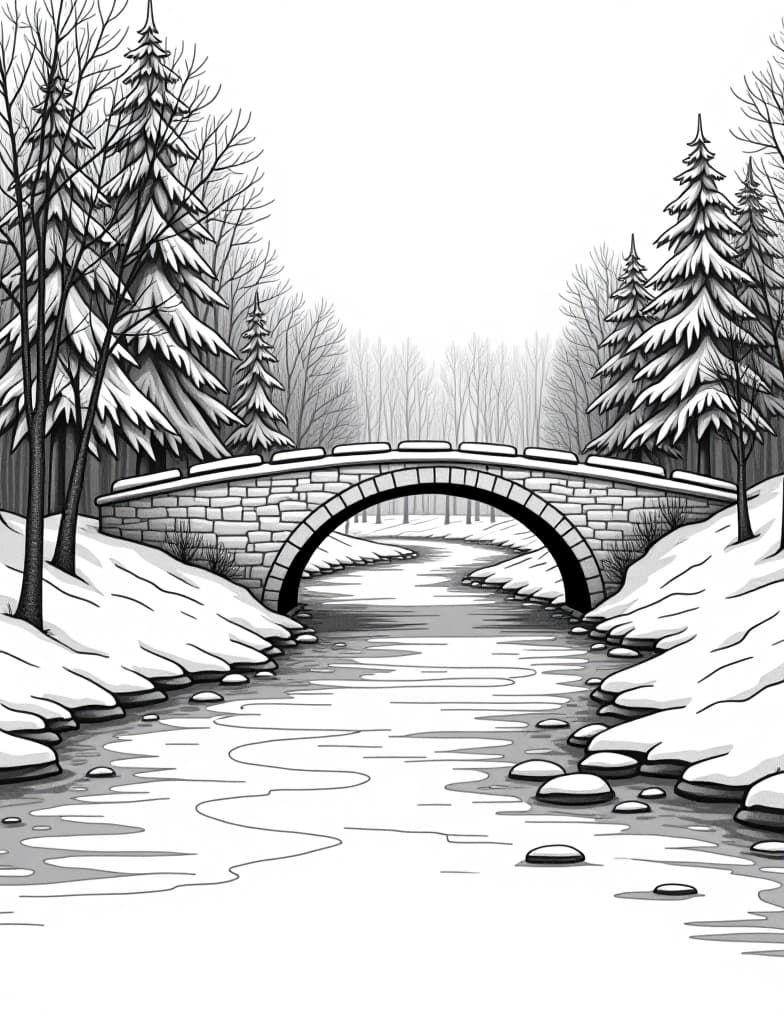  this is for an adult coloring page. a detailed black and white line art of a snowy winter scene with a snow covered bridge over a frozen river on a solid white background.