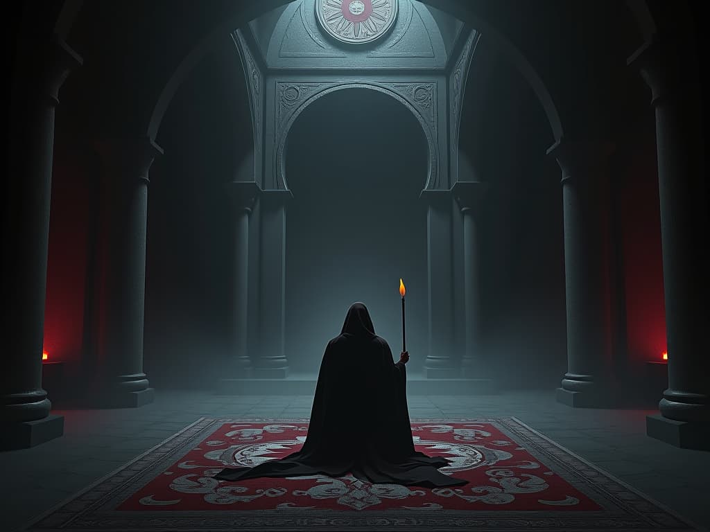  a solemn temple with a single burning incense stick, sense of contemplation, reverence.. the style is dark fantasy and mysterious occult, symbolic, moody lighting, esoteric vibe,high detail on character design. for the color scheme emphasize blacks and reds.