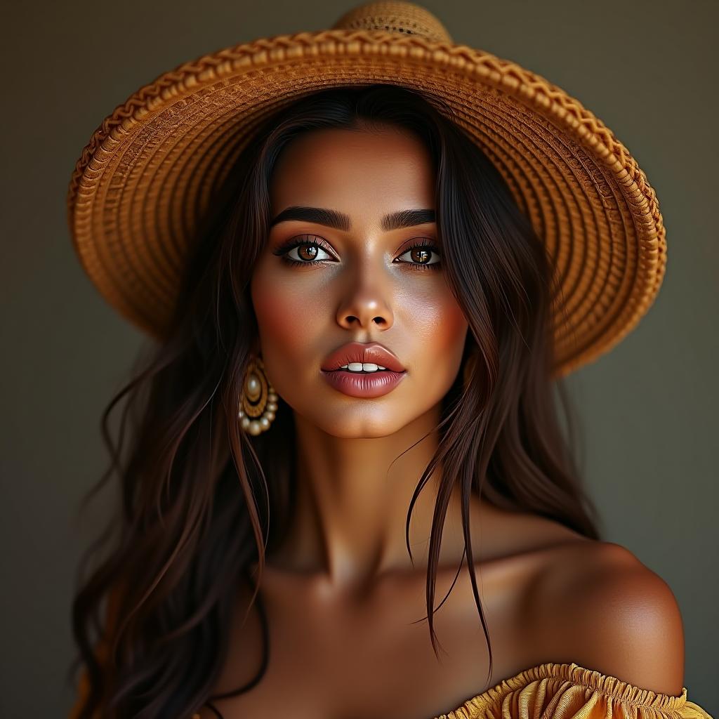  make a image of a mexican woman with brown hair looking bohemian