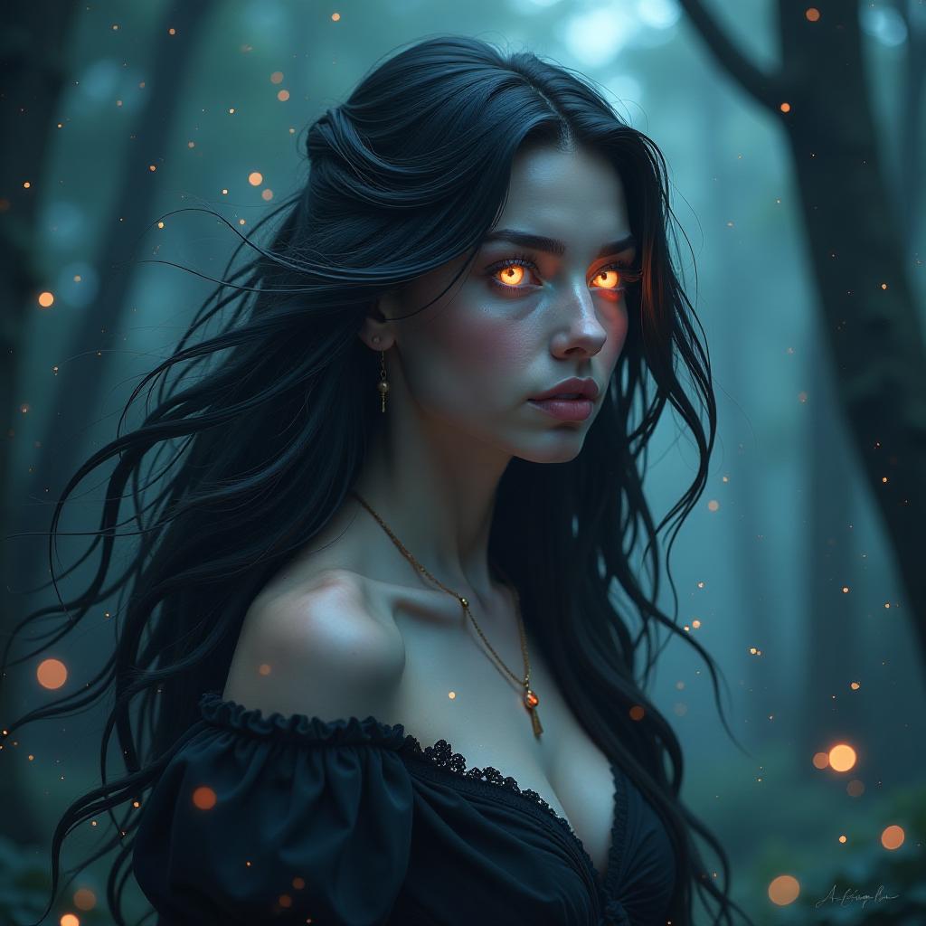  hyperrealistic art a fantasy style digital painting of a mystical woman with glowing eyes, flowing black hair that blends with dark smoke, and shimmering skin. the background is a dark forest with glowing orbs and magical particles floating around. cool toned lighting creates an ethereal glow. created using: fantasy art techniques, glowing light effects, magical atmosphere, surreal details, dark fantasy influences, smoke effects, high contrast lighting, hd quality, vivid . extremely high resolution details, photographic, realism pushed to extreme, fine texture, incredibly lifelike