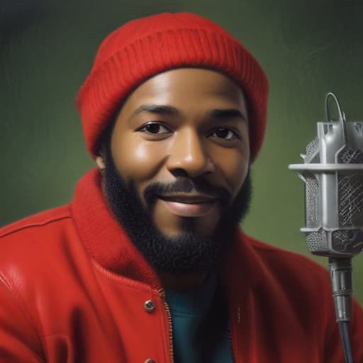 Marvin Gaye with a red beanie on in the studio in Oil painting style