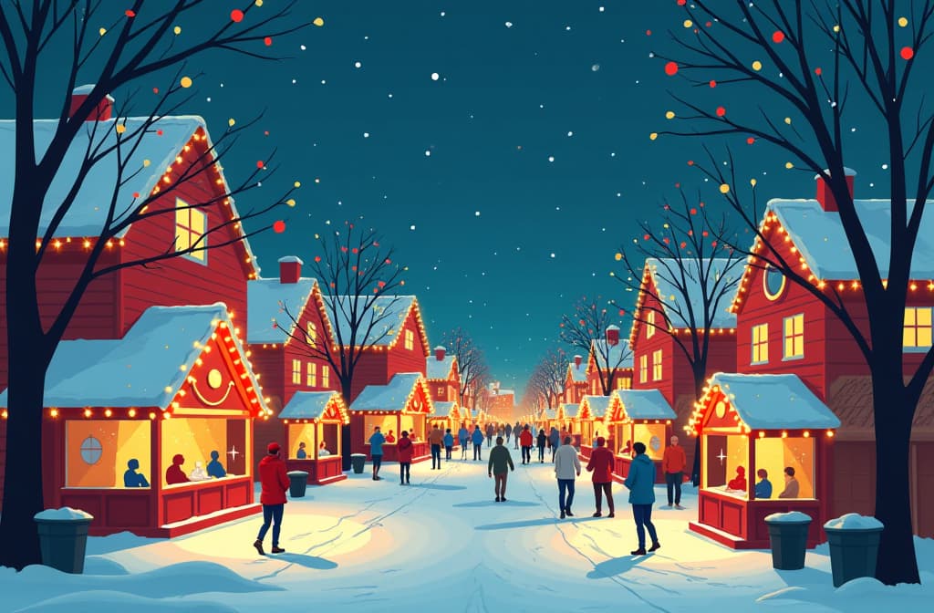  flat illustration, flaticon, (illustration:1.15), big christmas city fair, decorated with christmas lights and decorations, people walking around and enjoying the festivities no text , [cory loftis, strobist, pascal campion :: 0.2]