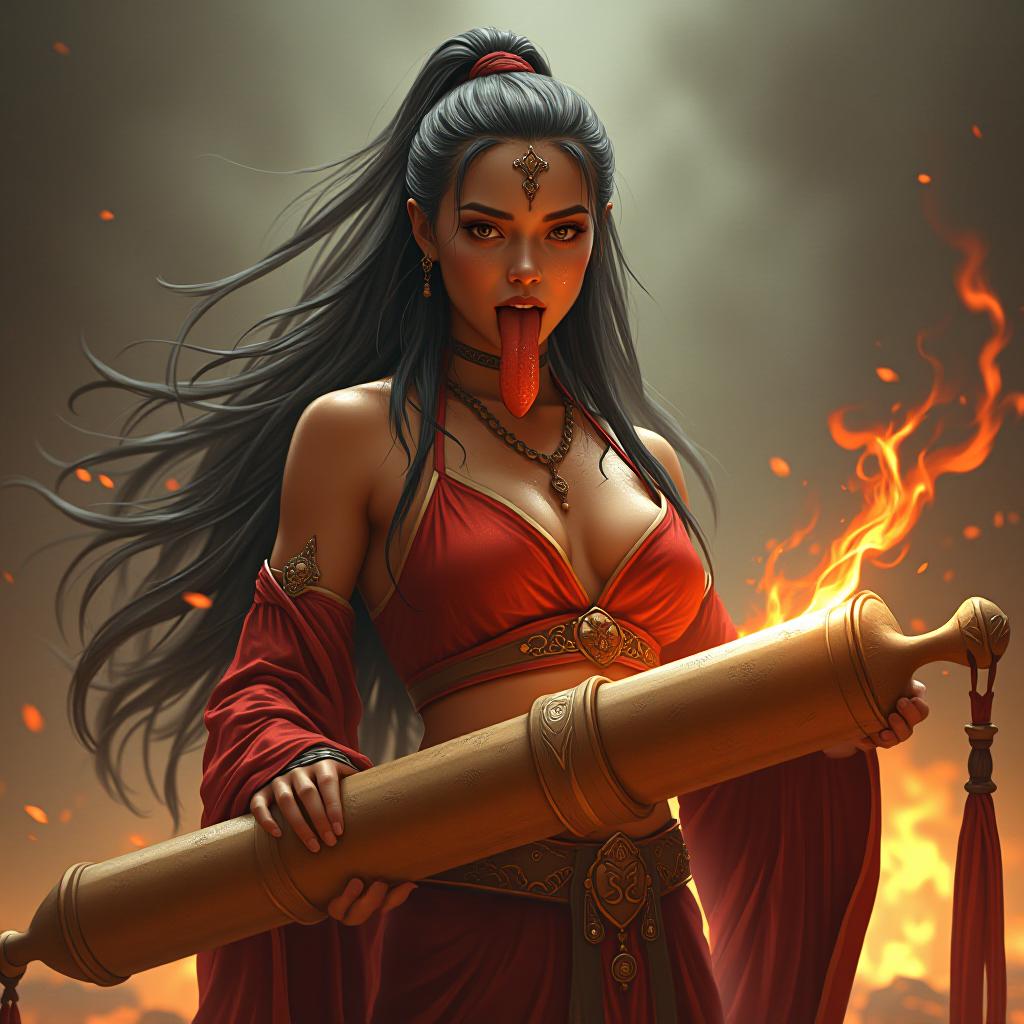  beautiful fire princess azula sticking her large flat tongue fully out, covered in sweat, her hair goes down to her feet, holding a tan colored cylinder with a mushroom at the end, award winning, professional, highly detailed, masterpiece