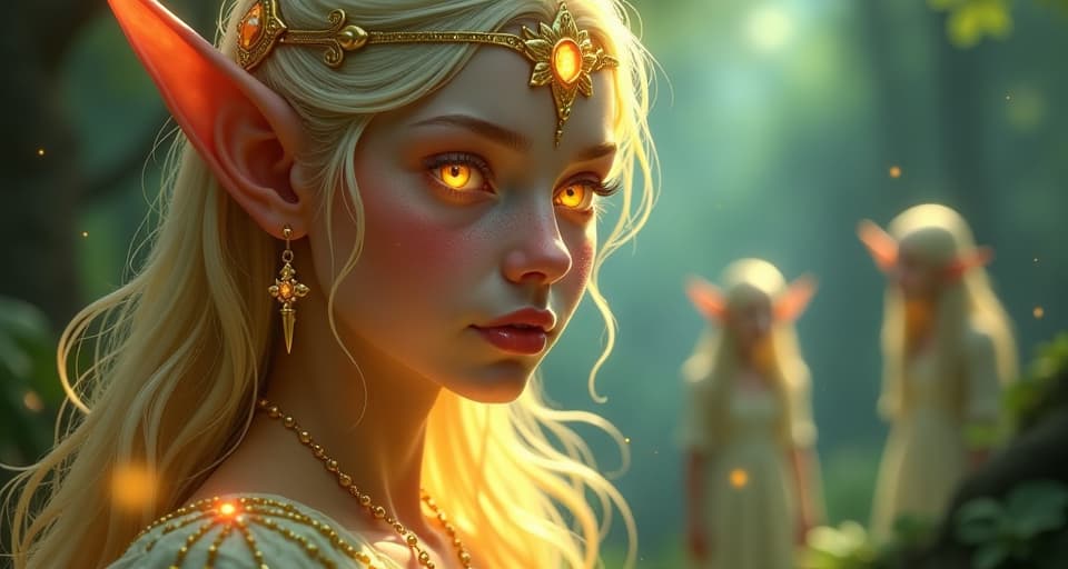  close up of a radiant elf, their golden eyes and glowing attire conveying wisdom and mystique. ethereal beings in the background either admiring or watching cautiously, atmosphere mixed with inspiration and intimidation.. the style is digital art illustration,highly detailed, whimsical,magical, dreamlike atmosphere, realism and fantasy blend, smooth, glossy textures,luminous quality, wonder and enchantment.