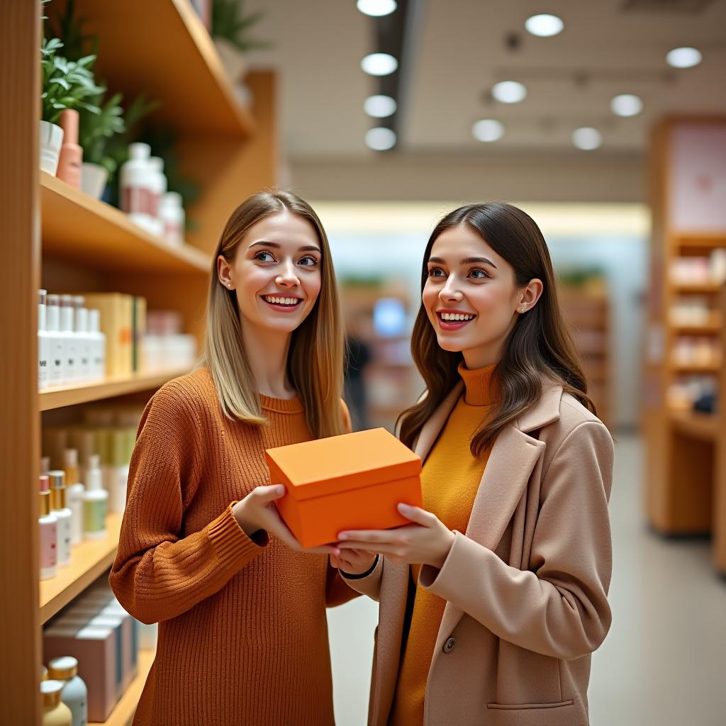  tilt shift photo of realistic image. two beautiful russian tall slim girls look at the wooden shelves of the cosmetics store with joyful surprised faces and wide open eyes, one girl holds a beautiful orange box in her hands, a background a cosmetics and perfume store, very high ceilings, a beautiful bright airy interior, a lot of care and decorative cosmetics, summer, high resolution, clear faces not blurred, 4k . selective focus, miniature effect, blurred background, highly detailed, vibrant, perspective control hyperrealistic, full body, detailed clothing, highly detailed, cinematic lighting, stunningly beautiful, intricate, sharp focus, f/1. 8, 85mm, (centered image composition), (professionally color graded), ((bright soft diffused light)), volumetric fog, trending on instagram, trending on tumblr, HDR 4K, 8K