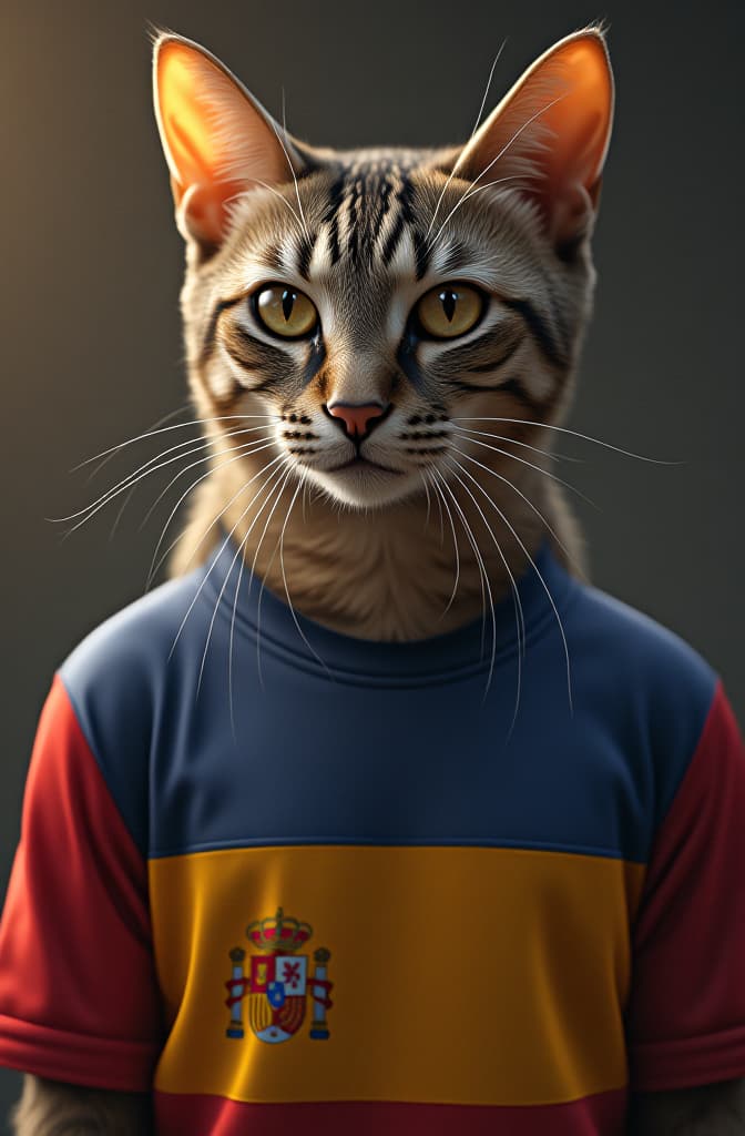  un gato antropomorfico vistiendo una camiseta con los colores de la bandera republicana de españa, realistic, portrait, art by donato giancola and greg rutkowski, realistic face, digital art, trending on artstation hyperrealistic, full body, detailed clothing, highly detailed, cinematic lighting, stunningly beautiful, intricate, sharp focus, f/1. 8, 85mm, (centered image composition), (professionally color graded), ((bright soft diffused light)), volumetric fog, trending on instagram, trending on tumblr, HDR 4K, 8K