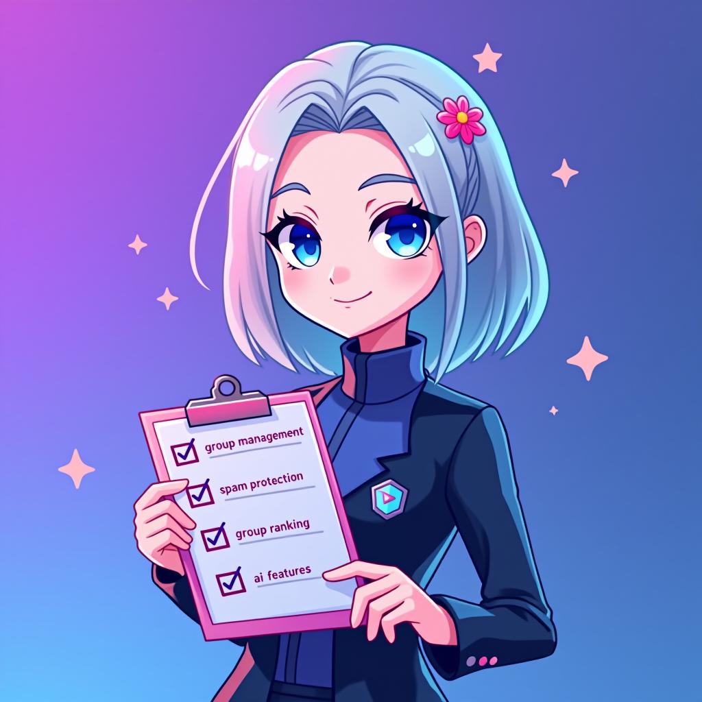  good quality, high quality, a profile picture for a telegram group management bot featuring emilia from re:zero. emilia is depicted with her silver hair and blue eyes, holding a stylized clipboard with a checklist. checklist in "group mangement" "spam protection" "group ranking" "ai features", the background is a soft gradient of telegram logo purple and blue, symbolizing efficiency and organization. the telegram iconic logo is subtly integrated into the background, starting small near emilia and gradually growing in size and brightness as it moves outward, blending smoothly with the gradient color,