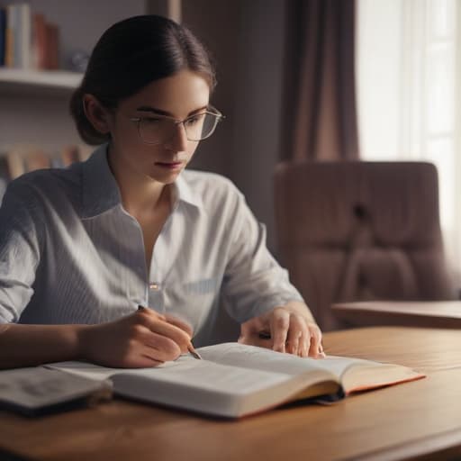 An image of a person sitting at a desk, focused and engaged in reading a book., photo, realistic, RAW photo, soft lighting, studio lighting, film grain, sharp focus, best, high quality, uhd, 8k, , (fully clothed:1.3), (appropriately dressed:1.5)