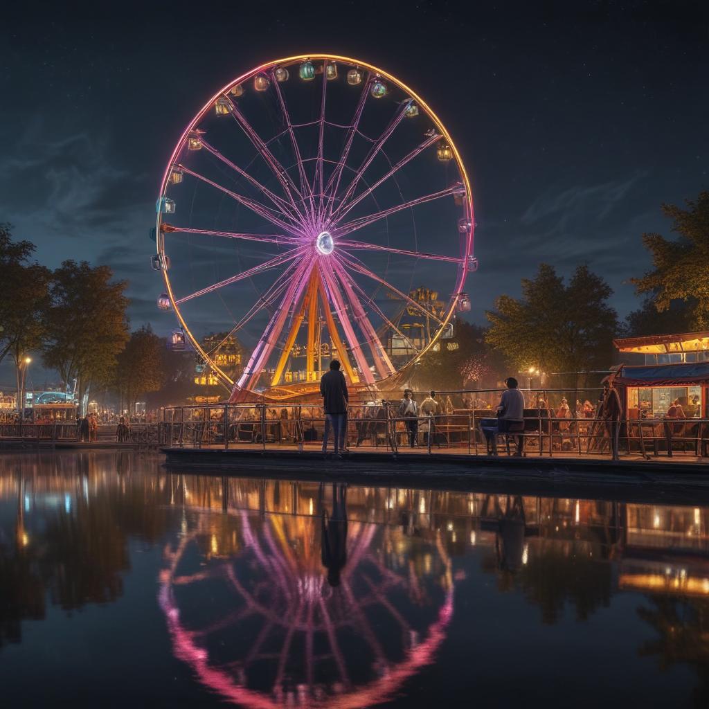 ((masterpiece)),(((best quality))), 8k, high detailed, ultra detailed,A magical Ferris wheel landscape, (colorful lights), (reflection on water), (stars in the night sky), (families enjoying the view) hyperrealistic, full body, detailed clothing, highly detailed, cinematic lighting, stunningly beautiful, intricate, sharp focus, f/1. 8, 85mm, (centered image composition), (professionally color graded), ((bright soft diffused light)), volumetric fog, trending on instagram, trending on tumblr, HDR 4K, 8K