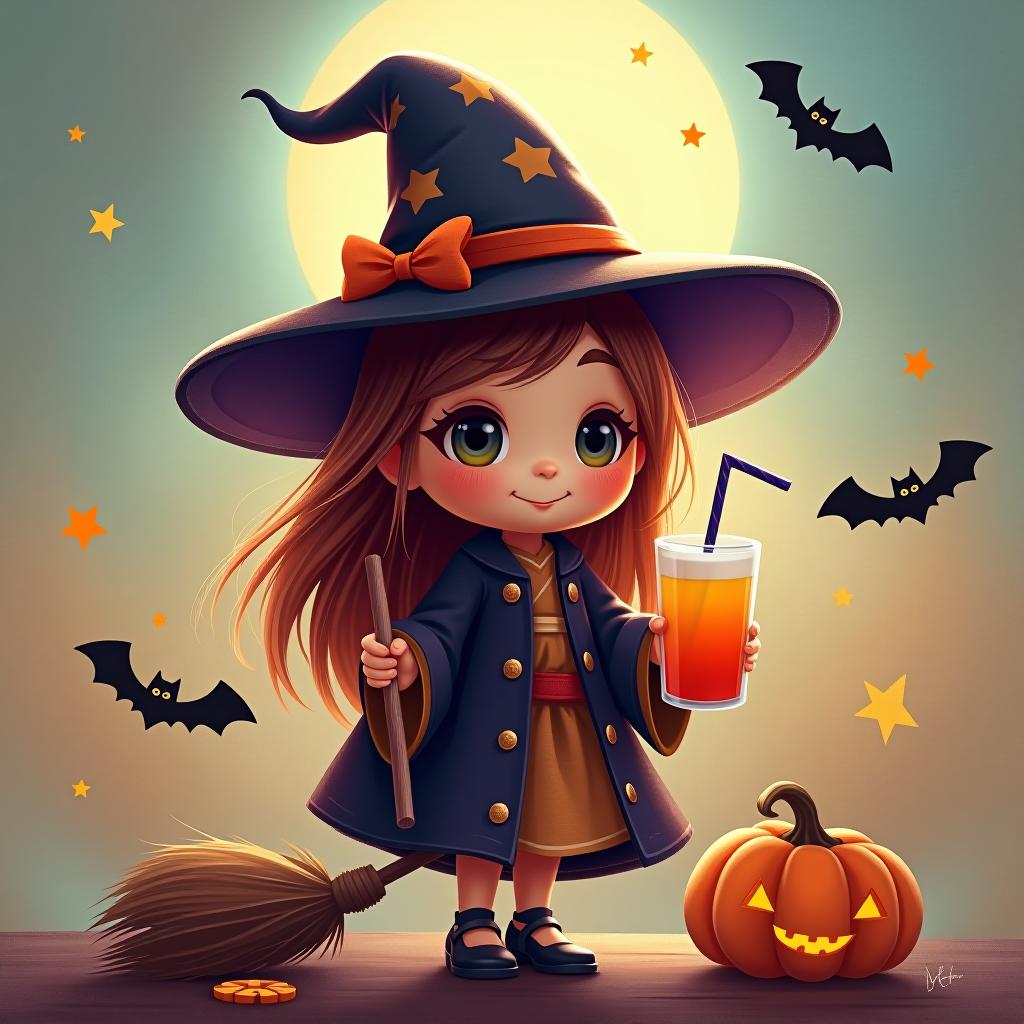  create a digital painting featuring a cute witch character. the witch should be wearing a hat. in one hand, the witch should hold a broomstick, and in the other hand, a halloween themed drink. the background should be colorful and include small black bats, pumpkins and stars to add a playful halloween touch. the overall style should be cute, whimsical, and colorful hyperrealistic, full body, detailed clothing, highly detailed, cinematic lighting, stunningly beautiful, intricate, sharp focus, f/1. 8, 85mm, (centered image composition), (professionally color graded), ((bright soft diffused light)), volumetric fog, trending on instagram, trending on tumblr, HDR 4K, 8K