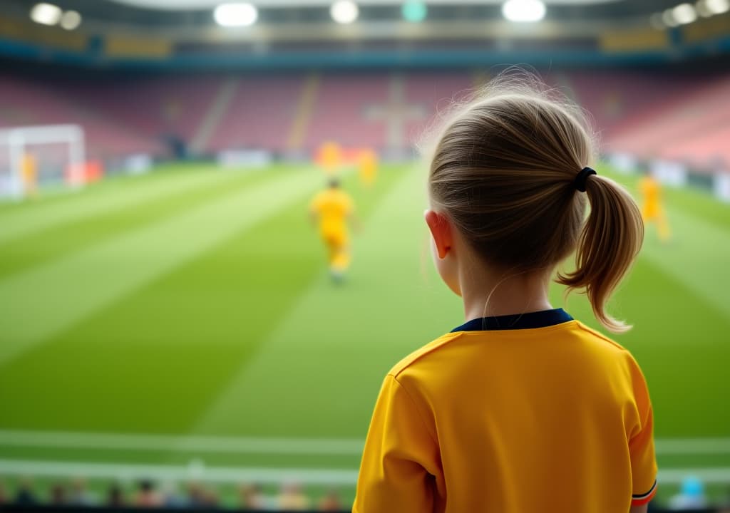  back view of a little girl watching a soccer match, with players in yellow uniforms on the field. the girl, wearing a yellow jersey, is focused on the game from the stands