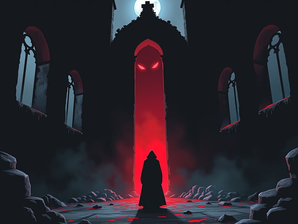  gothic ruins, malevolent eyes peering from windows, central figure haunted by ghostly reminders of betrayal. the style is dark fantasy and mysterious occult, symbolic, moody lighting, esoteric vibe,high detail on character design. for the color scheme emphasize blacks and reds.