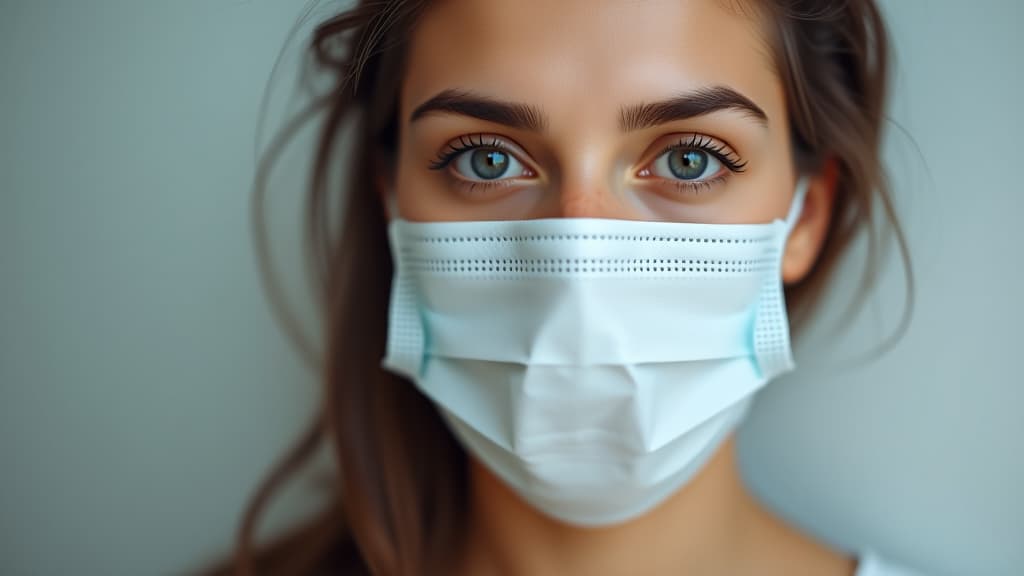  a woman wearing a white surgical mask