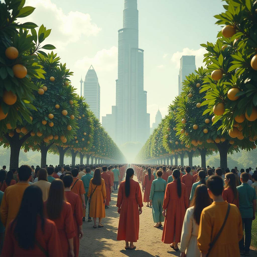  a large community against the backdrop of a space city and numerous lemon trees. hyperrealistic, full body, detailed clothing, highly detailed, cinematic lighting, stunningly beautiful, intricate, sharp focus, f/1. 8, 85mm, (centered image composition), (professionally color graded), ((bright soft diffused light)), volumetric fog, trending on instagram, trending on tumblr, HDR 4K, 8K