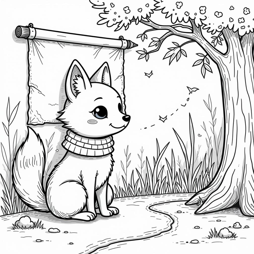  line art style coloring page cute kawaii fox with scarf looks at old map hanging on the wall, pointing to an enchanted forest full of mysteries.entire scene should use bold, dark outlines and clean, well defined shapes to make the house and the surrounding elements suitable for coloring., high quality, high details, hd, perfect composition, 4k epic detailed, highly detailed, sharp focus, high resolution