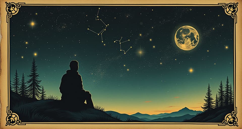  a figure gazing at the night sky, constellations forming ancestral images, stars twinkling, a feeling of connection to the cosmos, mysterious, meditative. an illustration in the style of a worn, mystical old tarot trump card, mysterious and elements of surrealism. the colors are muted, somber and eerie, but with contrast bring out an occult and esoteric vibe.