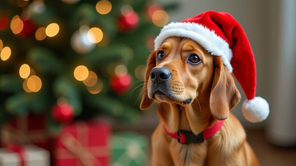  red dog in santa claus hats with earrings christmas tree toys, christmas tree background ar 16:9 {prompt}, maximum details