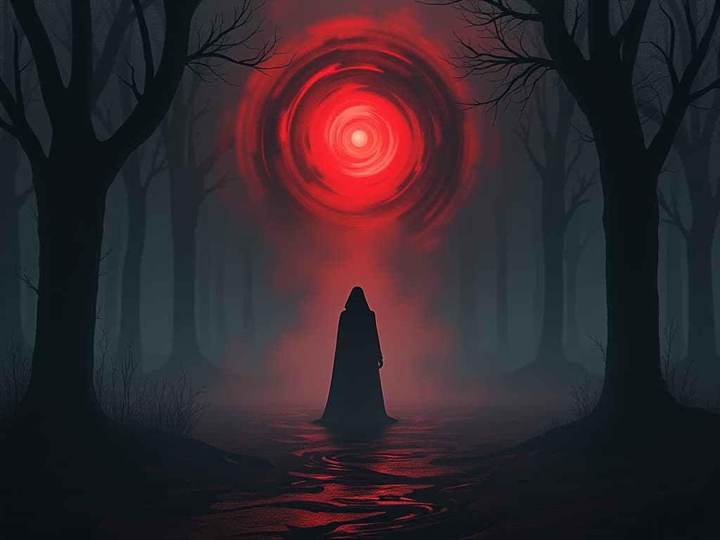  solitary figure amidst swirling mist, distorted reflections encircle, ethereal forest setting, shades of unsettlement, dark mood. the style is dark fantasy and mysterious occult, symbolic, moody lighting, esoteric vibe,high detail on character design. for the color scheme emphasize blacks and reds.