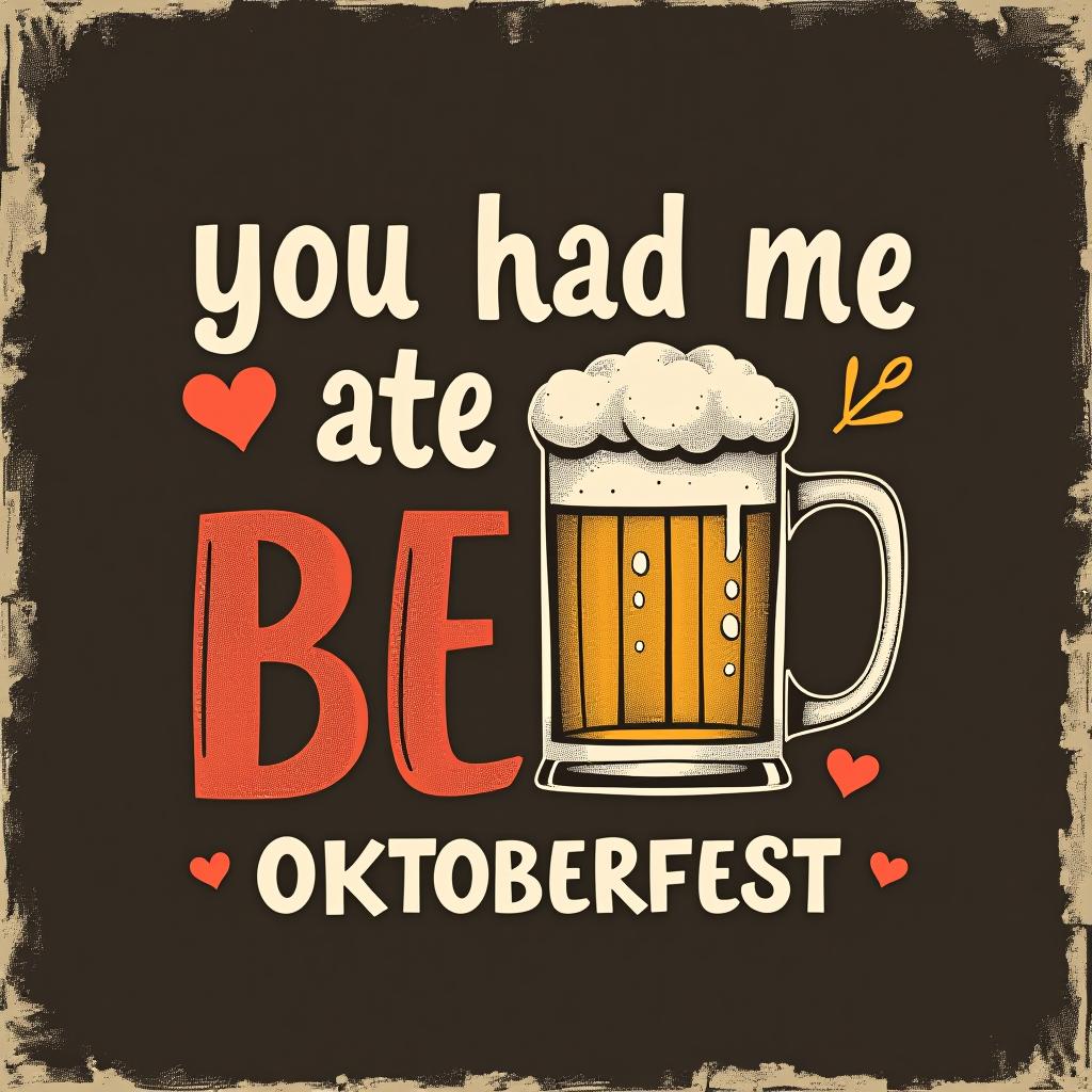  playful design with 'you had me at beer.' bold romantic font with heart and beer mug with distressed textures. place the word oktoberfest at the bottom of the image