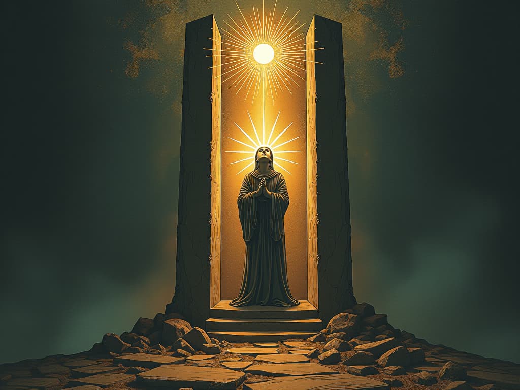  a radiant figure emerging from a chiseled block of stone, glowing aura, symbolizing inner masterpiece, artistic, radiant, transformative. an illustration in the style of a worn, mystical old tarot trump card, mysterious and elements of surrealism. the colors are muted, somber and eerie, but with contrast bring out an occult and esoteric vibe.