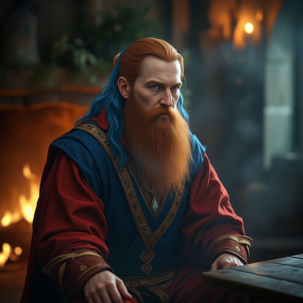  red and blue haired man, sitting medieval pub fireplace hyperrealistic, portrait, detailed clothing, highly detailed, cinematic lighting, stunningly beautiful, intricate, sharp focus, f/1. 8, 85mm, (centered image composition), (professionally color graded), ((bright soft diffused light)), volumetric fog, trending on instagram, trending on tumblr, hdr 4k, 8k hyperrealistic, full body, detailed clothing, highly detailed, cinematic lighting, stunningly beautiful, intricate, sharp focus, f/1. 8, 85mm, (centered image composition), (professionally color graded), ((bright soft diffused light)), volumetric fog, trending on instagram, trending on tumblr, HDR 4K, 8K