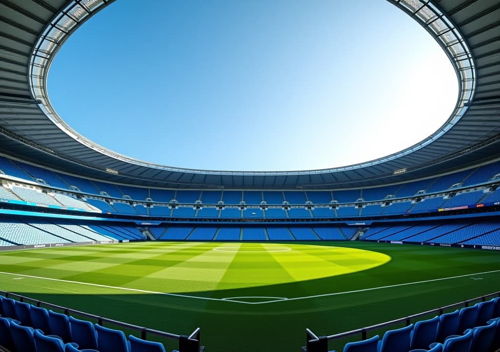  a stadium with a green field and blue seats