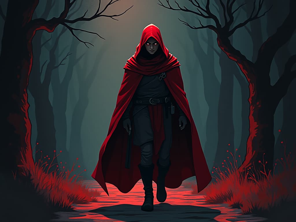  red clad individual, determined eyes, walking down a new path, illuminated by soft light, sense of creating a better path. the style is digital art illustration / modern comic book / graphic dark novel fantasy and mysterious occult, symbolic, moody lighting, esoteric vibe,high detail on character design. for the color scheme emphasize blacks and reds.