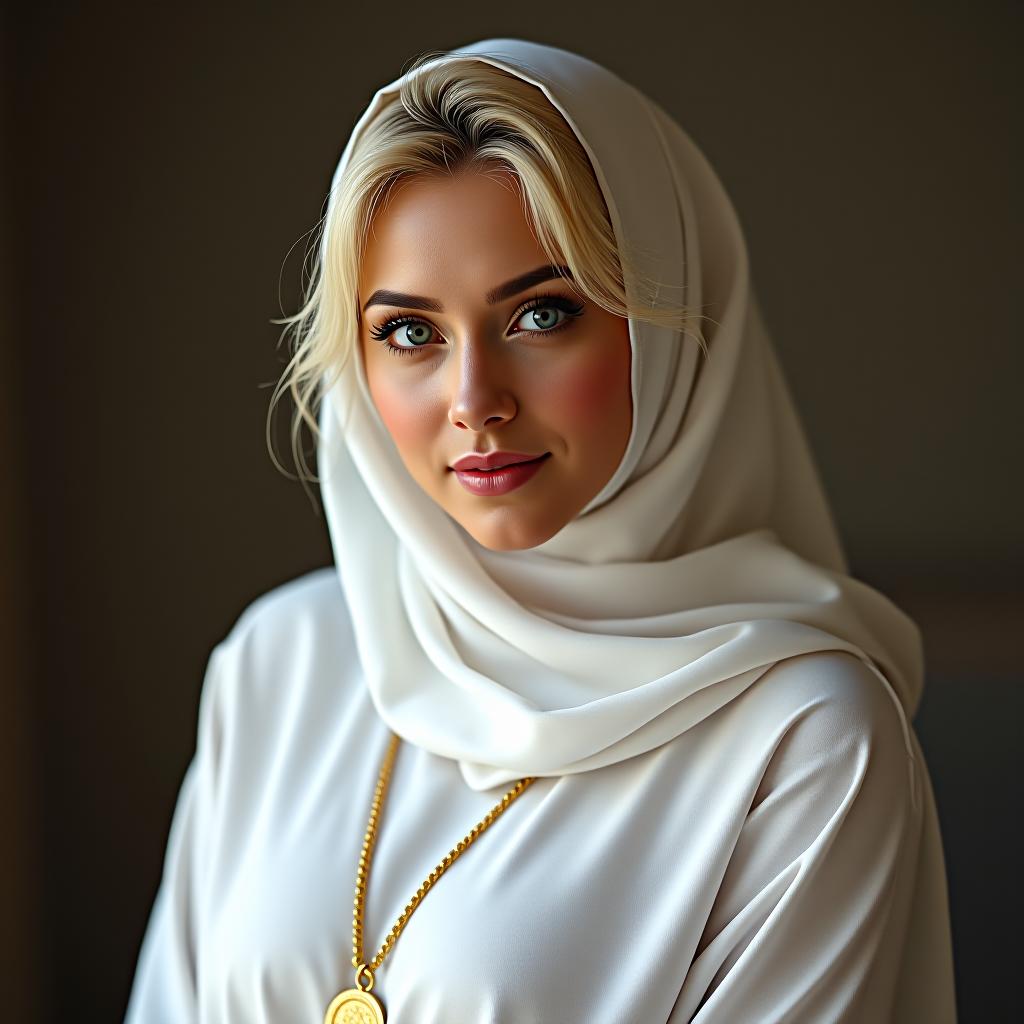  make an image of a woman with short blonde hair in a white abaya and head covering with her hair up and wearing gold