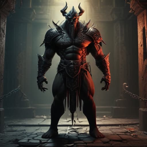 In the digital art style of Akina Fujiwara, create an image of Minos Prime, King of Lust standing tall and imposing in a dimly lit dungeon. His eyes glow with a seductive light as shadowy figures surround him, entranced by his presence. The Flesh Prison, a monstrous entity with chains and cages, looms in the background. In the foreground, three creatures with judgement counters are frozen in fear, unable to escape Minos Prime's allure. The scene is eerie and captivating, showcasing the power and dominance of Minos Prime, King of Lust. fantastical creatures or characters inspired by mythology, folklore, or popular culture. use vibrant colors, sharp lines, intricate details, dynamic poses, dramatic lighting, atmospheric backgrounds, and blend