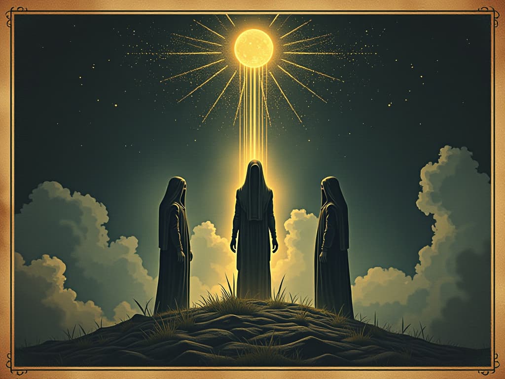  mystic figures, illuminated with ethereal glow, heightened spiritual awareness, night sky with constellations, profound calm. an illustration in the style of a worn, mystical old tarot trump card, mysterious and elements of surrealism. the colors are muted, somber and eerie, but with contrast bring out an occult and esoteric vibe.