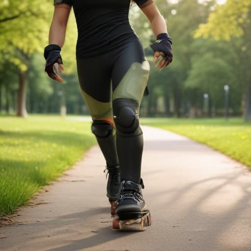 An image of a rollerblader wearing protective (((elbow pads))), sporty attire, looking forward in a park, gliding smoothly, afternoon lighting, detailed, realistic.