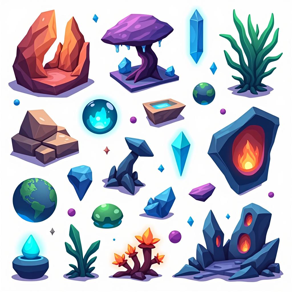  white background. a collection of assets and materials derived from a hyper realistic alien planet, featuring bioluminescent crystals, glowing organic matter, and fragments of unique architectural structures. each asset should reflect the same fantasy elements as the planet, with floating pieces, glowing edges, and a consistent color palette. include items like glowing rocks, mysterious plant life, and fragments of the planet's structures, all in a cartoon and disney style.