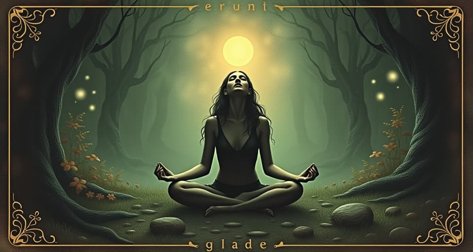  a tranquil glade, figure sitting in lotus position, surrounded by soft luminous orbs, a peaceful smile, harmonious, serene. an illustration in the style of a worn, mystical old tarot trump card, mysterious and elements of surrealism. the colors are muted, somber and eerie, but with contrast bring out an occult and esoteric vibe.