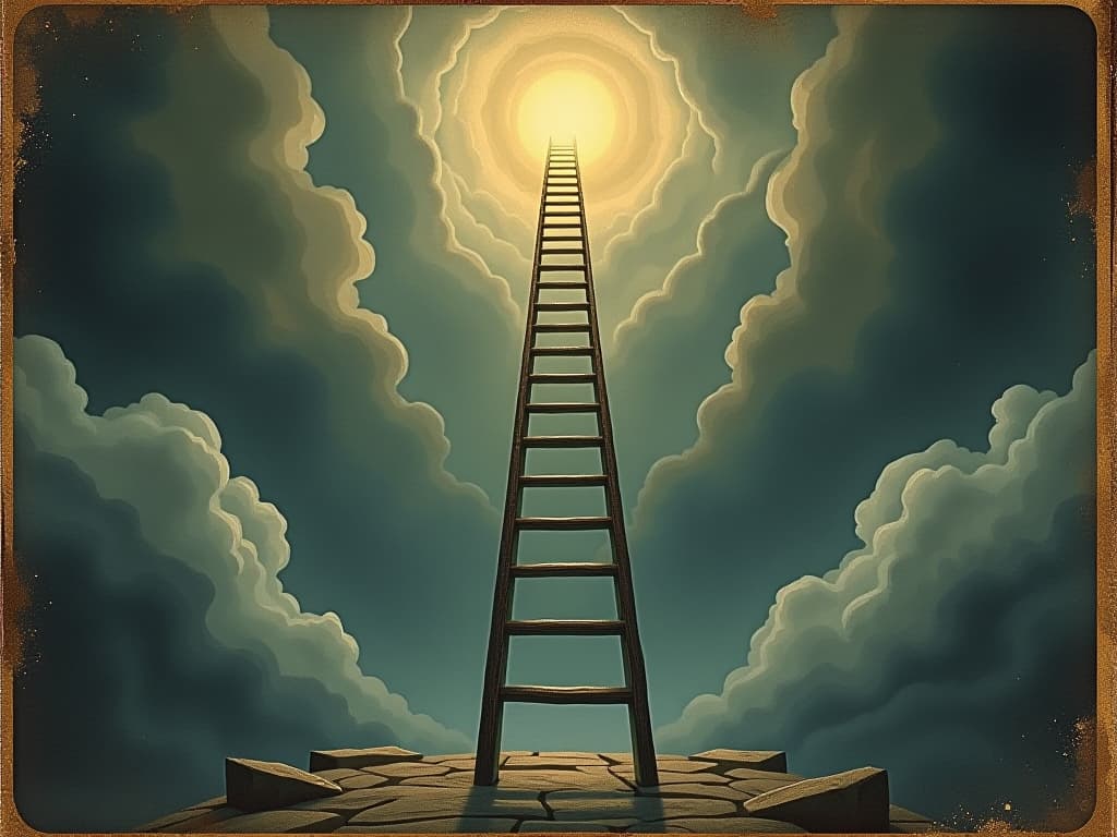  a celestial ladder, ascending from the ground and fading into the clouds, ethereal light illuminating the rungs, sense of divine connection, heavenly glow. an illustration in the style of a worn, mystical old tarot trump card, mysterious and elements of surrealism. the colors are muted, somber and eerie, but with contrast bring out an occult and esoteric vibe.