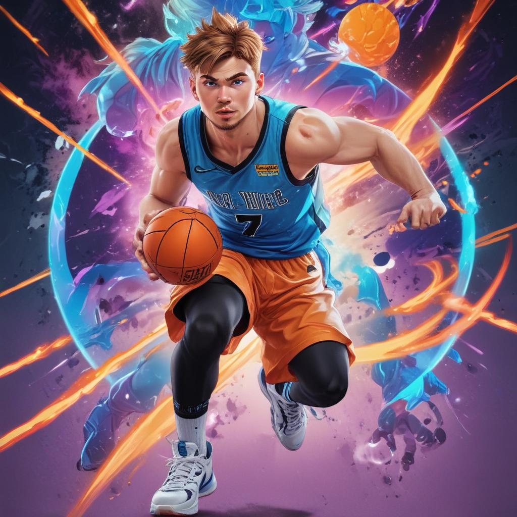 distance-shot, flashy, full-body, dynamic, holographic, animated cartoon poster of luka doncic in the style of dragon ball super